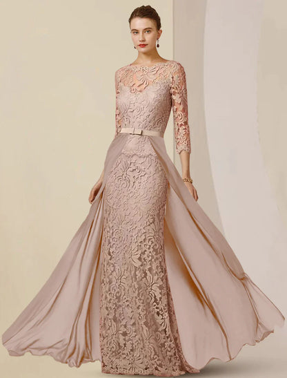 Sheath / Column Mother of the Bride Dress Formal Wedding Guest Party Elegant Scoop Neck Floor Length Chiffon Lace 3/4 Length Sleeve with Bow(s) Appliques