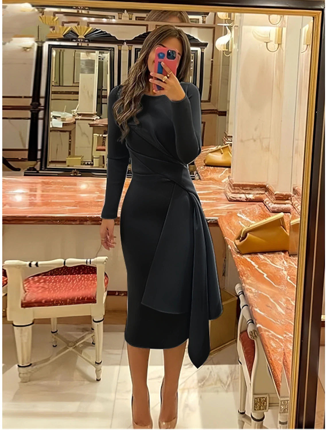 Wholesale Sheath Formal Dress Cocktail Dresses Elegant Red Green Dress Formal Fall Knee Length Long Sleeve Jewel Neck Stretch Fabric with Pleats Ruched