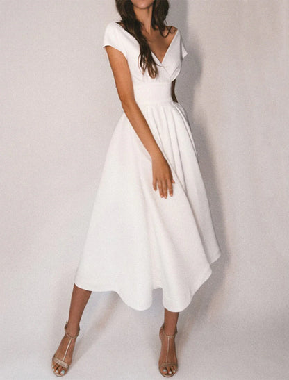 Aimishang A-Line Party Dress Cocktail Wedding Guest Homecoming Dresses Length Short Sleeve Off Shoulder Stretch with Sleek