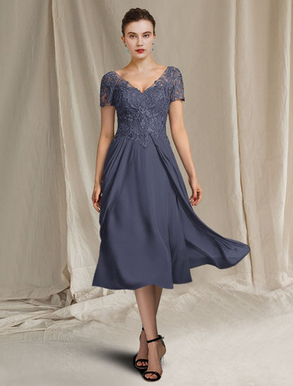 Aimishang A-Line Mother of the Bride Dress Plus Size Elegant V Neck Tea Length Chiffon Lace Short Sleeve with Pleats Appliques