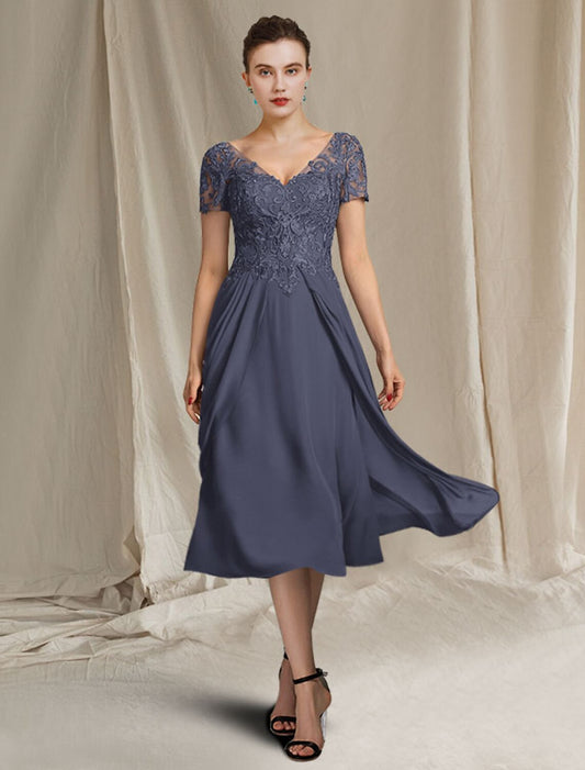 Aimishang A-Line Mother of the Bride Dress Plus Size Elegant V Neck Tea Length Chiffon Lace Short Sleeve with Pleats Appliques
