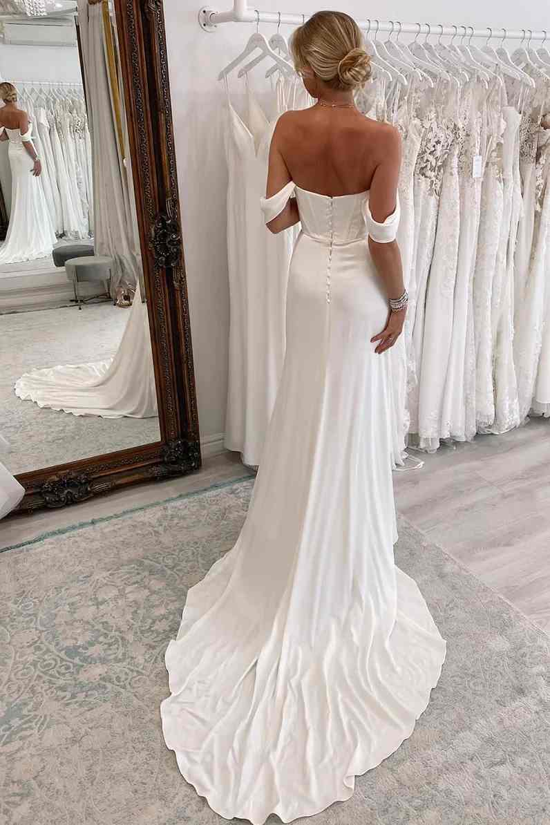 Timeless Off the Shoulder Mermaid Satin Wedding Dress with Slit