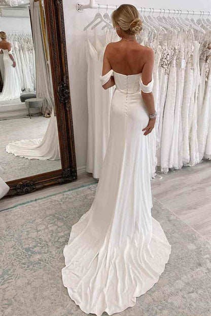 Timeless Off the Shoulder Mermaid Satin Wedding Dress with Slit