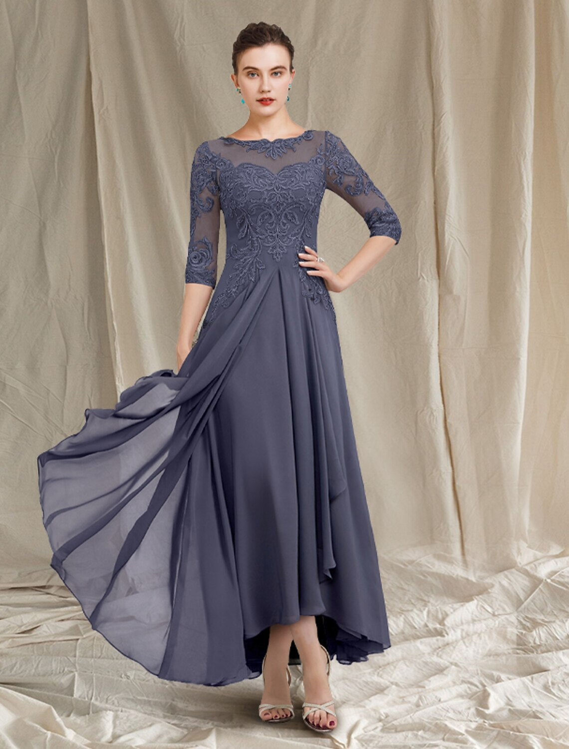 Aimishang A-Line Mother of the Bride Dress Elegant High Low Jewel Neck Asymmetrical Tea Length Chiffon Lace 3/4 Length Sleeve with Pleats Appliques