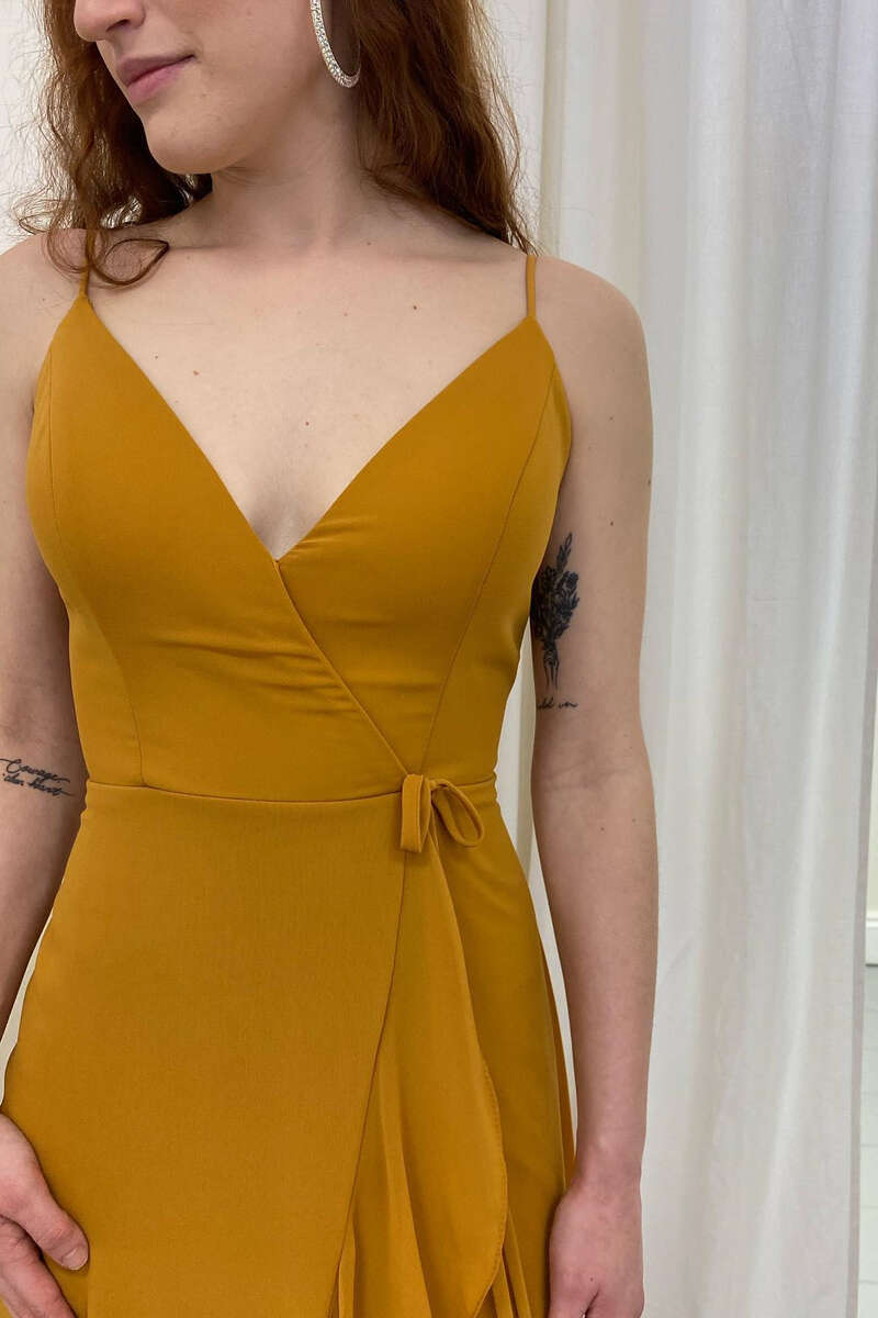 Brownish Yellow Wrap Ruffled Long Bridesmaid Dress