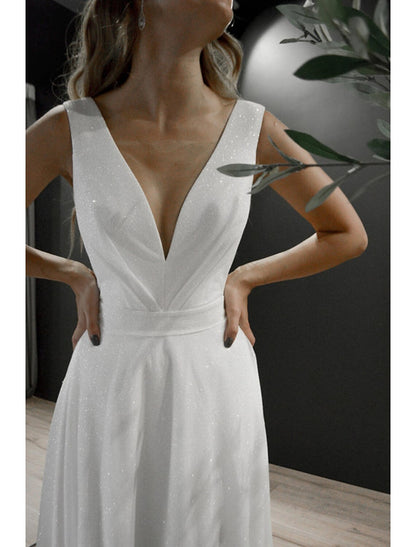 Aimishang A-Line Prom Dresses Glittering Dress Wedding Party Birthday Sweep / Brush Train Sleeveless V Neck Fall Wedding Reception Tulle with Sequin Evening Dress