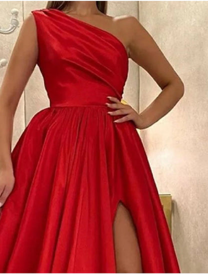 Aimishang A-Line Evening Gown Elegant Dress Wedding Guest Engagement Floor Length Sleeveless One Shoulder Satin with Pleats Slit