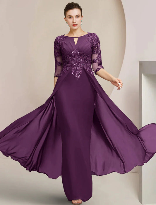 Sheath / Column Mother of the Bride Dress Formal Wedding Guest Elegant Scoop Neck Floor Length Chiffon Lace Half Sleeve with Sequin Appliques