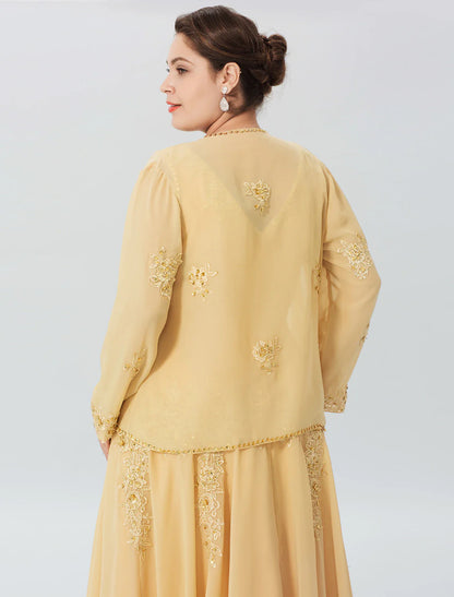 Aimishang A-Line Mother of the Bride Dress Formal Plus Size Elegant High Low V Neck Asymmetrical Chiffon Beaded Lace Long Sleeve Wrap Included with Beading Appliques