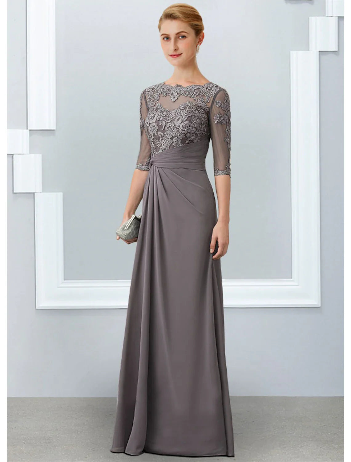 Aimishang  Sheath / Column Mother of the Bride Dress Elegant Jewel Neck Floor Length Chiffon Lace 3/4 Length Sleeve with Appliques