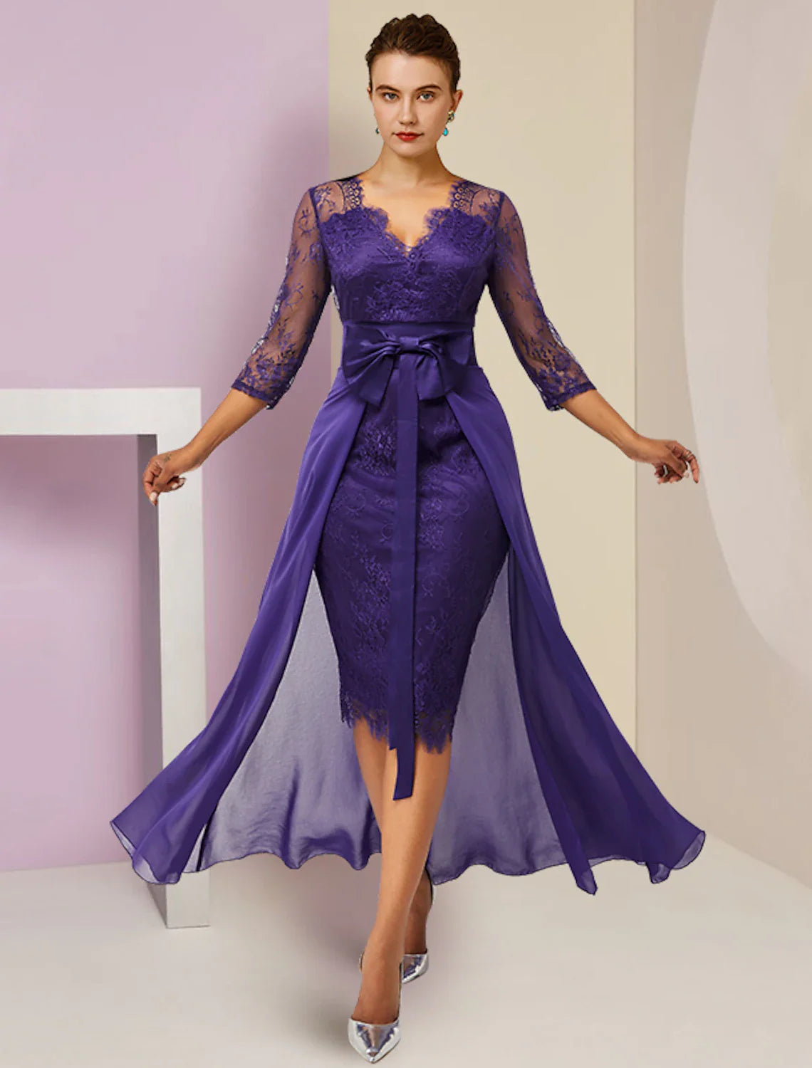Aimishang  Two Piece Sheath / Column Mother of the Bride Dress Formal Fall Wedding Guest Elegant detachable V Neck Knee Length Chiffon Lace 3/4 Length Sleeve with Bow(s)