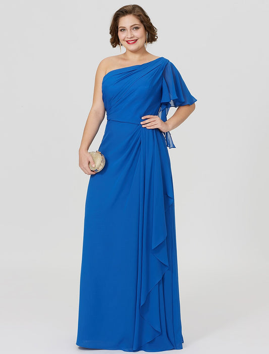 Aimishang Sheath / Column Mother of the Bride Dress Formal Classic & Timeless Elegant & Luxurious Plus Size One Shoulder Floor Length Chiffon Short Sleeve No with Pleats