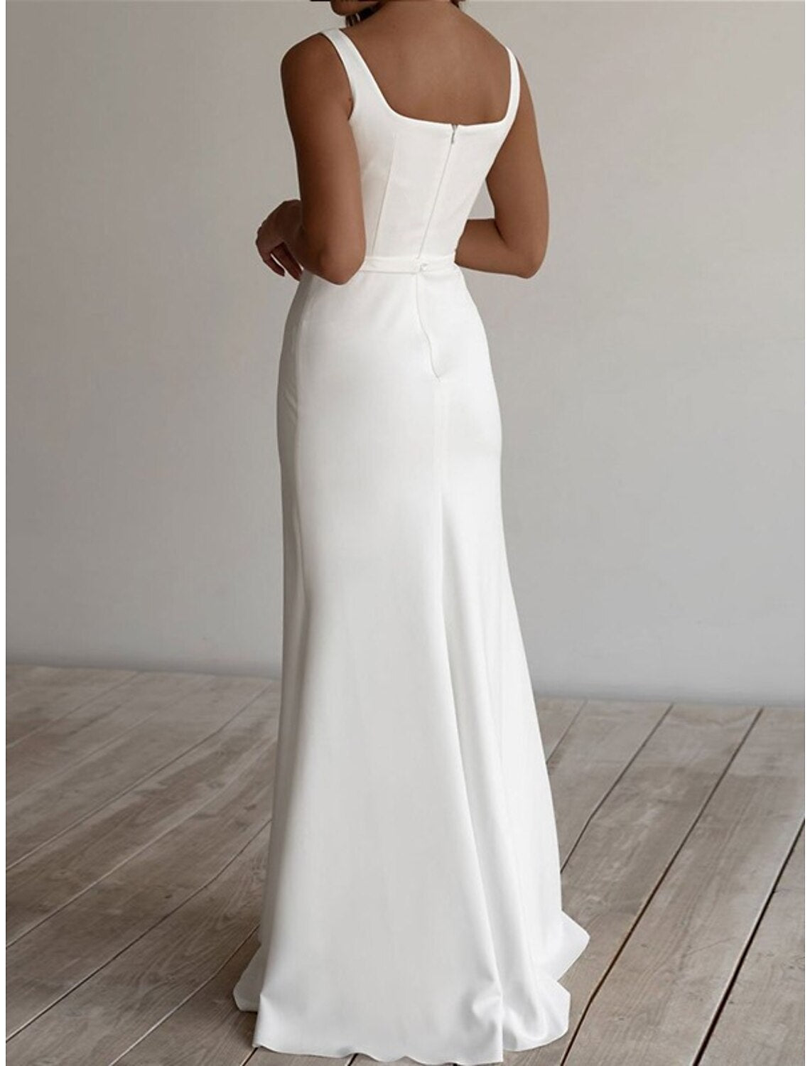 Aimishang Beach Casual Wedding Dresses Sheath / Column Square Neck Sleeveless Floor Length Stretch Fabric Bridal Gowns With Sash / Ribbon