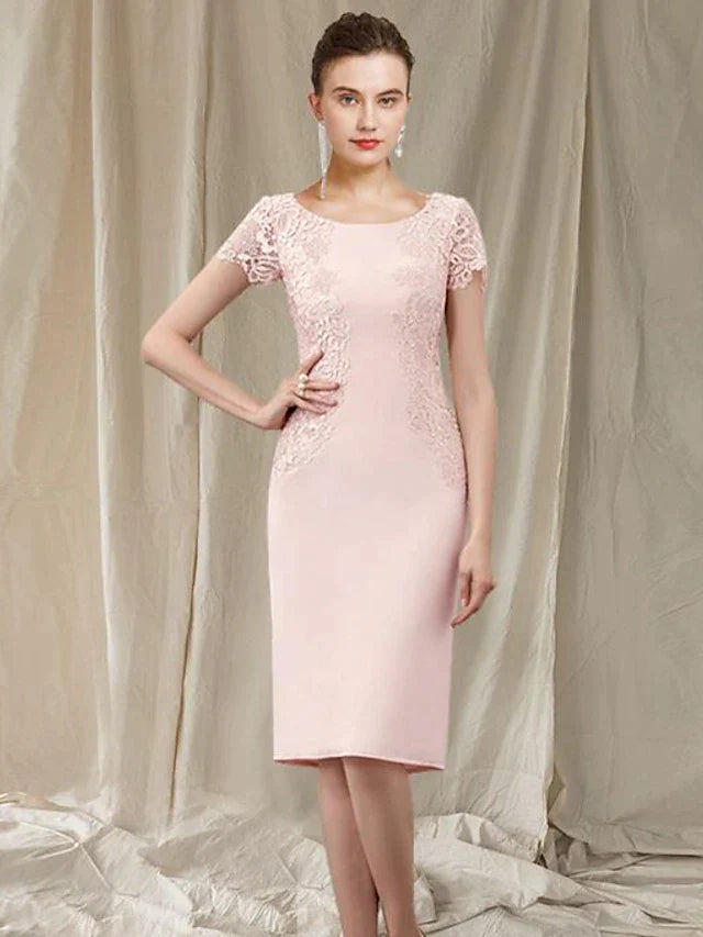 Sheath / Column Mother of the Bride Dress Elegant Jewel Neck Knee Length Lace Stretch Fabric Short Sleeve with Appliques