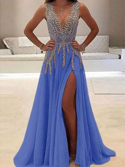 A line Tulle V Neck Purple Prom Dresses Long Backless Evening Dresses  C2336