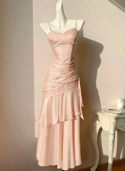 Sweet Pink Mermaid Strapless Pleated Tiered Satin Prom Dress Evening Dress Bridesmaid Dress cc4820