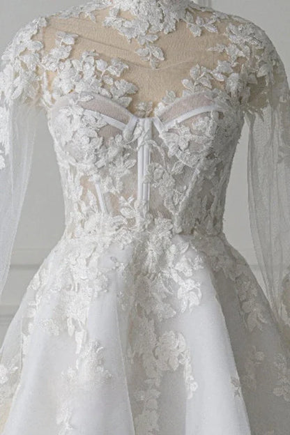 Aimishang Short White A-Line Illusion Neck Long Sleeves Lace Wedding Dresses