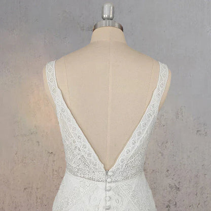 Mermaid White V Neck Illusion Wedding Dress