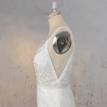 Mermaid White V Neck Illusion Wedding Dress