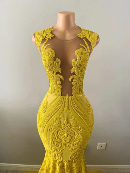 Yellow prom dresses, sheer prom dress, lace evening dress, vintage prom dresses, custom make prom dress C1465
