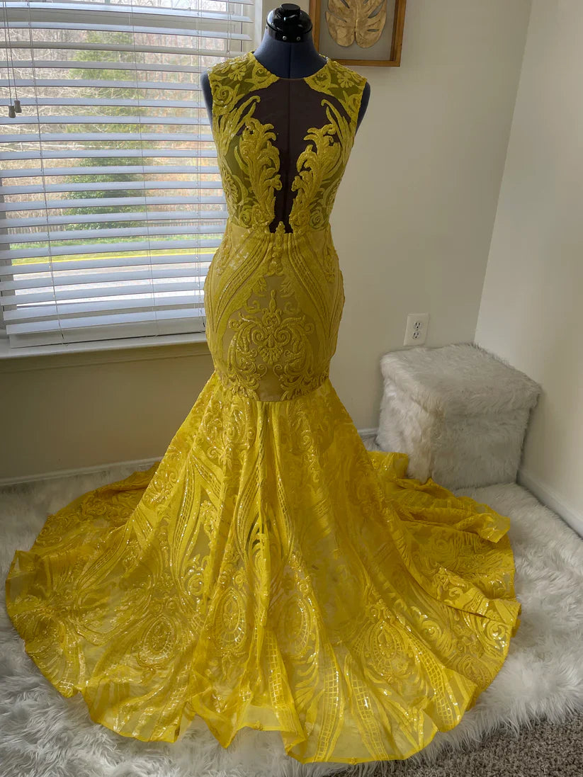 Yellow prom dresses, sheer prom dress, lace evening dress, vintage prom dresses, custom make prom dress C1465