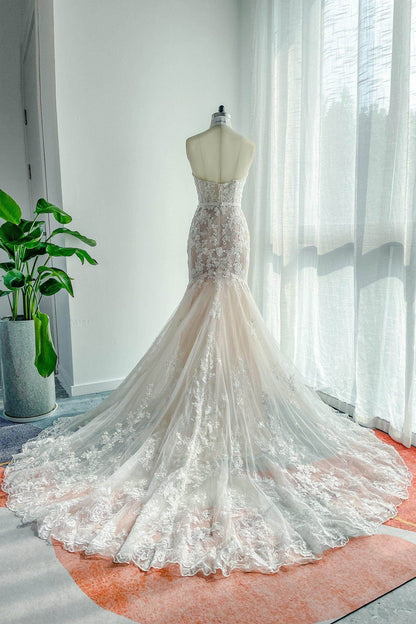 Trumpet-Mermaid Chapel Train Lace Tulle Wedding Dress CW3134