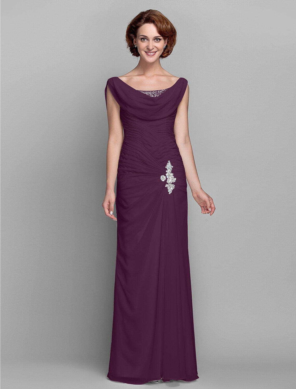Aimishang Sheath / Column Mother of the Bride Dress Fall Wedding Guest Dresses Vintage Inspired Cowl Neck Floor Length Chiffon Sleeveless with Buttons Criss Cross Crystals