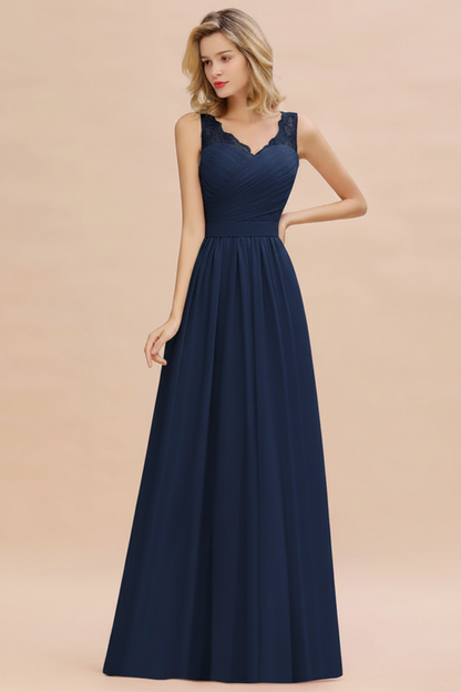 Modest Floral Lace A-line Bridesmaid Dress V-Neck Ruched Chiffon Wedding Guest Dress