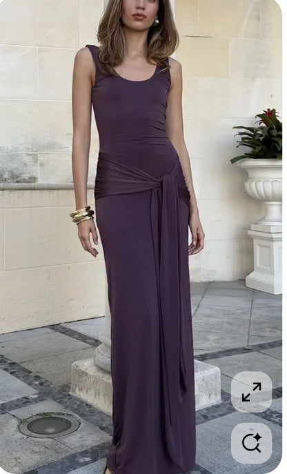 Simple Purple-Gray Spaghetti Strap Twist Satin Long Prom Dress Evening Dress cc5583