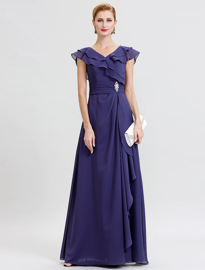 Aimishang A-Line Mother of the Bride Dress Formal Open Back Elegant V Neck Floor Length Chiffon Short Sleeve No with Sash / Ribbon Crystal Brooch