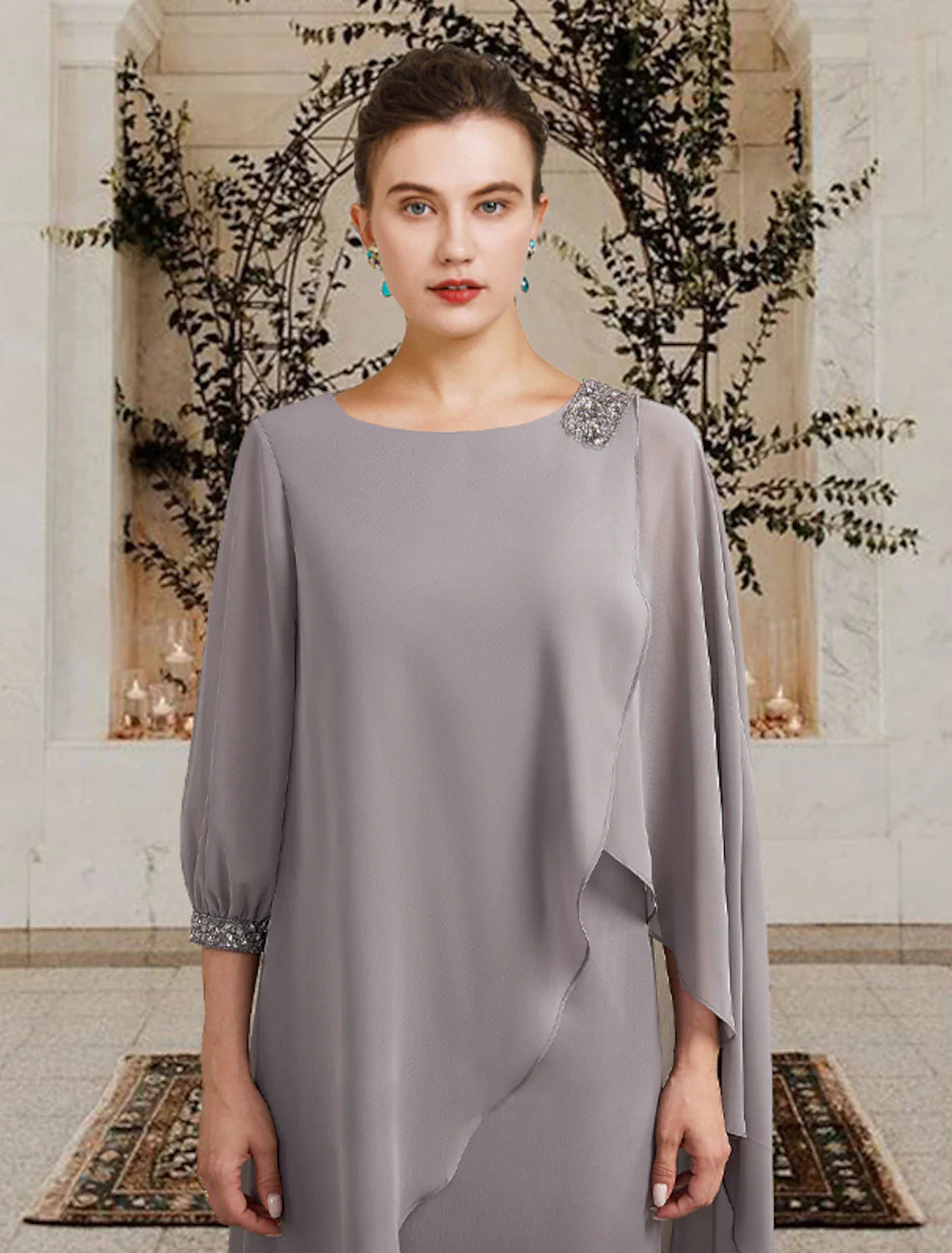 Wholesale Sheath / Column Mother of the Bride Dress Wedding Guest Elegant Jewel Neck Floor Length Chiffon 3/4 Length Sleeve with Beading Sequin Fall