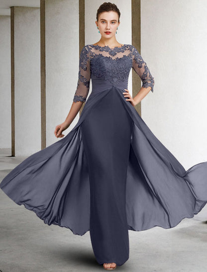 Aimishang Sheath / Column Mother of the Bride Dress Elegant Jewel Neck Floor Length Chiffon Lace 3/4 Length Sleeve with Ruched Appliques