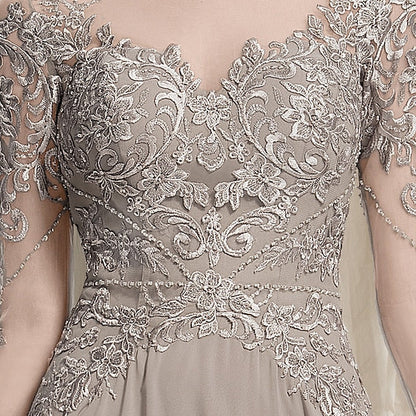 A-Line Mother of the Bride Dress Luxurious Elegant Jewel Neck Floor Length Chiffon Lace Long Sleeve with Pleats Appliques