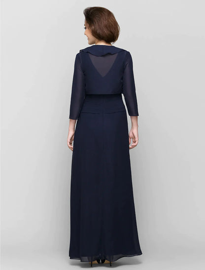 Sheath / Column Mother of the Bride Dress Convertible Dress V Neck Floor Length Chiffon 3/4 Length Sleeve with Criss Cross Cascading Ruffles