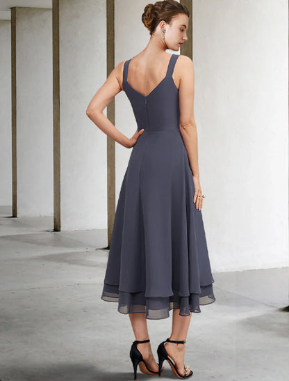 Aimishang  A-Line Mother of the Bride Dress Elegant V Neck Tea Length Chiffon Lace Sleeveless Jacket Dresses with Tier Solid Color