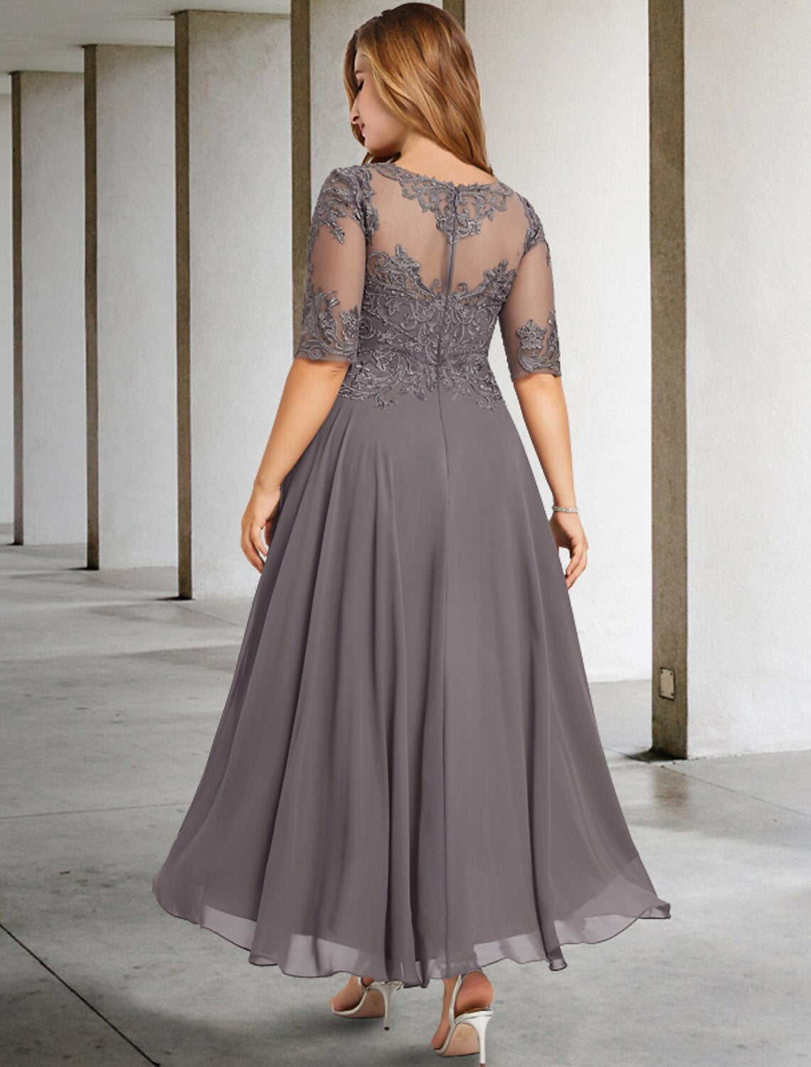 Aimishang A-Line Mother of the Bride Dresses Plus Size Hide Belly Curve Elegant Dress Formal Asymmetrical Half Sleeve Jewel Neck Chiffon with Beading Appliques