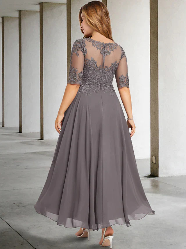 A-Line Plus Size Curve Mother of the Bride Dresses Elegant Dress Formal Asymmetrical Half Sleeve Jewel Neck Chiffon with Beading Appliques