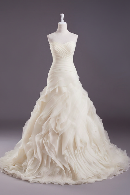 Pink A-Line Strapless Sweetheart Tiered Wedding Gown with Train