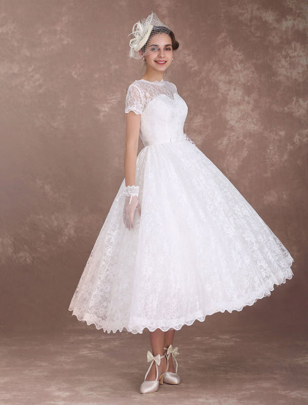 Ivory A Line Tea Length Wedding Reception Dress 1950s Short Sleeves Retro Bridal Dress