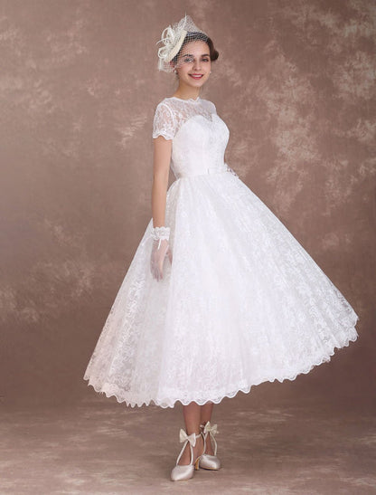Ivory A Line Tea Length Wedding Reception Dress 1950s Short Sleeves Retro Bridal Dress