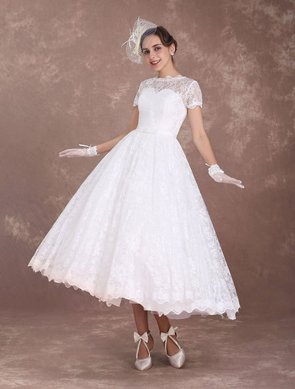 Ivory A Line Tea Length Wedding Reception Dress 1950s Short Sleeves Retro Bridal Dress