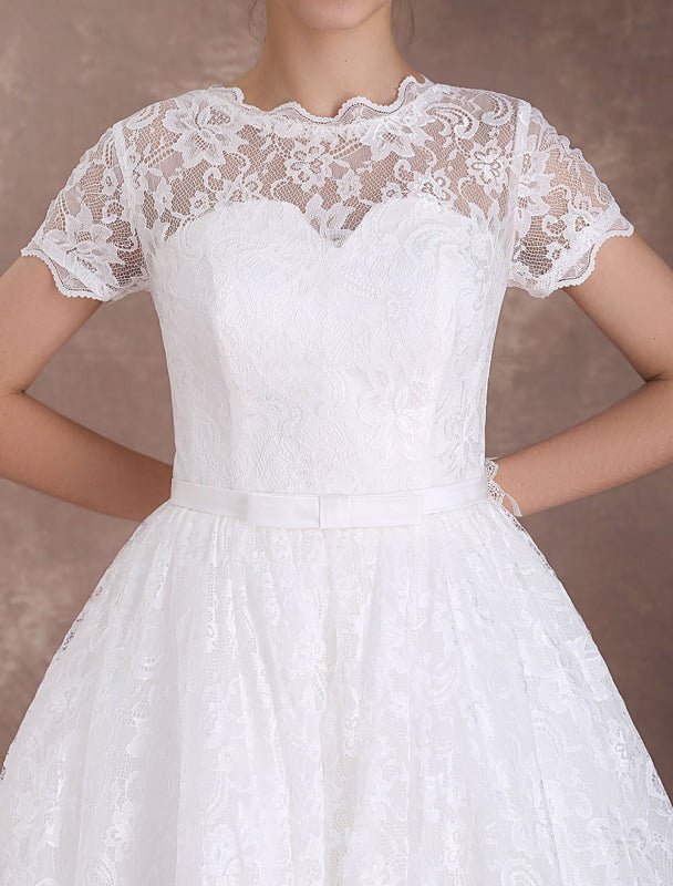 Ivory A Line Tea Length Wedding Reception Dress 1950s Short Sleeves Retro Bridal Dress