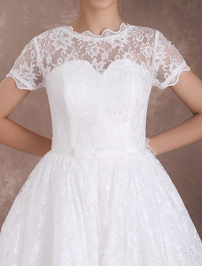Ivory A Line Tea Length Wedding Reception Dress 1950s Short Sleeves Retro Bridal Dress