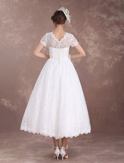 Ivory A Line Tea Length Wedding Reception Dress 1950s Short Sleeves Retro Bridal Dress