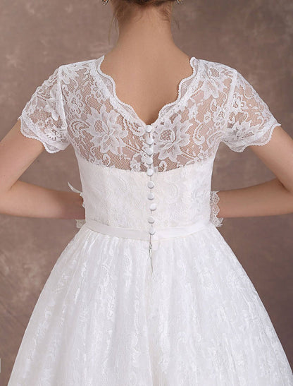 Ivory A Line Tea Length Wedding Reception Dress 1950s Short Sleeves Retro Bridal Dress