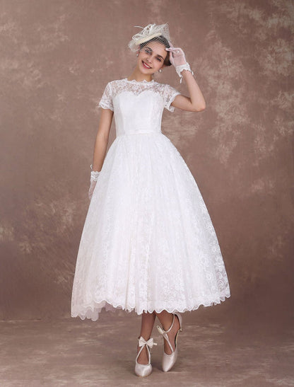 Ivory A Line Tea Length Wedding Reception Dress 1950s Short Sleeves Retro Bridal Dress
