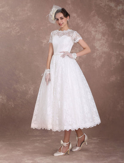 Ivory A Line Tea Length Wedding Reception Dress 1950s Short Sleeves Retro Bridal Dress