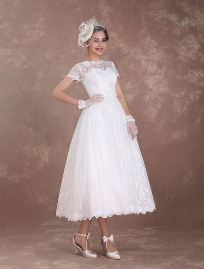 Ivory A Line Tea Length Wedding Reception Dress 1950s Short Sleeves Retro Bridal Dress