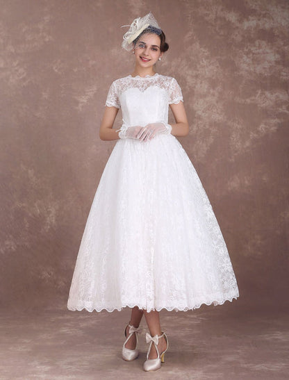 Ivory A Line Tea Length Wedding Reception Dress 1950s Short Sleeves Retro Bridal Dress