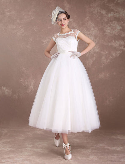 Ivory A Line Tea Length Wedding Reception Dress Polka Dot Short Wedding Dress